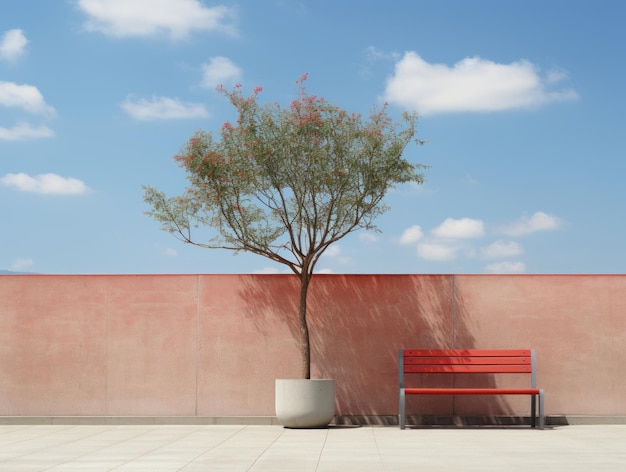 a bench and a tree next to a wall