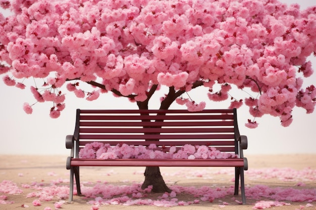 скамейка под деревом с розовыми цветами