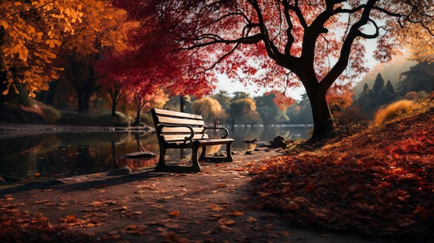 A Bench in variant autumn park with variant trees and birds