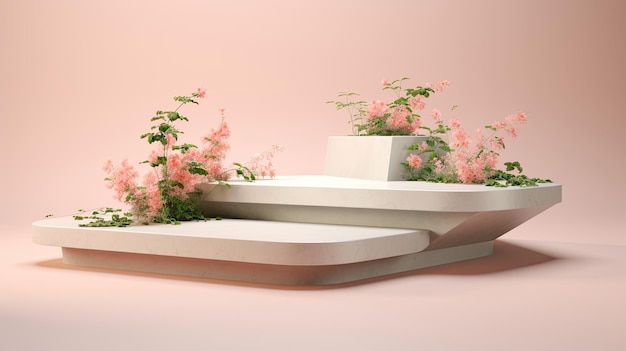 a bench with flowers on it and a box of flowers on the table