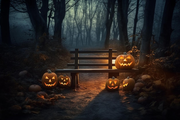 A bench with pumpkins on it in a dark forest with a lit up pumpkins on it.