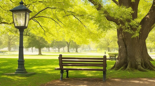 Bench with tree and lantern in the park