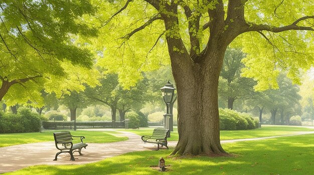 Bench with tree and lantern in the park