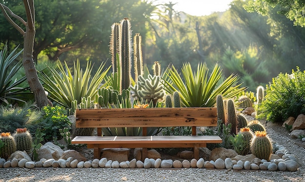 Photo a bench with a wooden bench and a cactus plant in the background