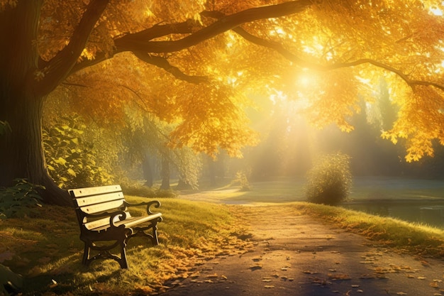 A bench under a yellow tree by a path in tranquil autumn park lit by warm sunbeams Generative AI illustration