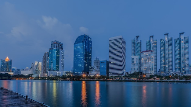 Benchakitti park , green lung of Bangkok , in blue hour, Thailand