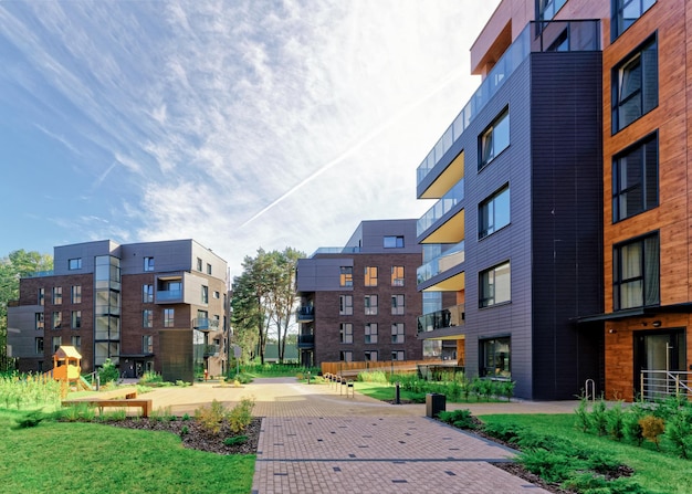 Benches at Modern european complex of apartment buildings. And outdoor facilities.