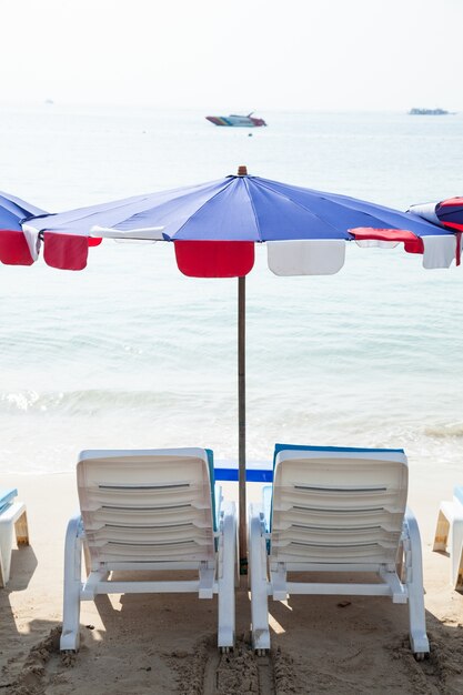 Benches and umbrellas.