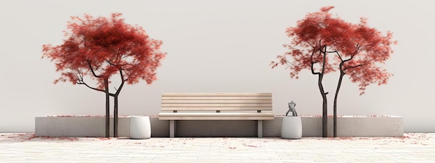 benches with trees and flowers are in a white location in the style of realistic and hyperdetailed