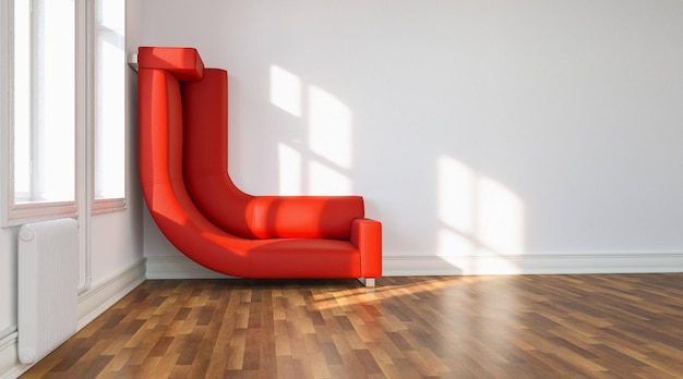 изогнутый красный диван, пригнутый к стене, как решение проблемы пространства в слишком маленьком пространстве