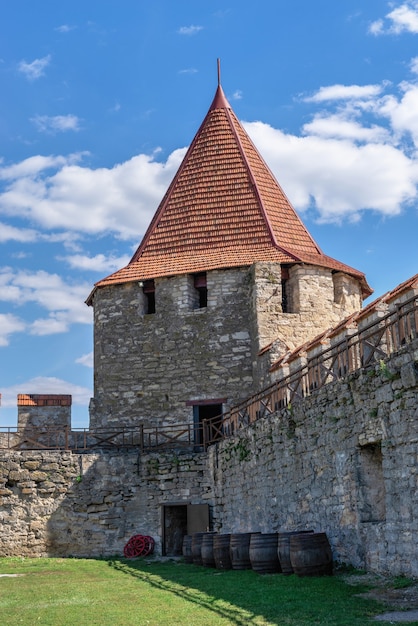 Bender, Moldova 06.09.2021.  Fortress walls and towers of the Tighina Fortress in Bender, Transnistria or Moldova, on a sunny summer day