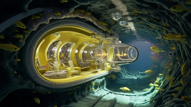 Photo beneath the banana a hyperrealistic hypermaximalist 8k submarine cutaway envelops a demiurge