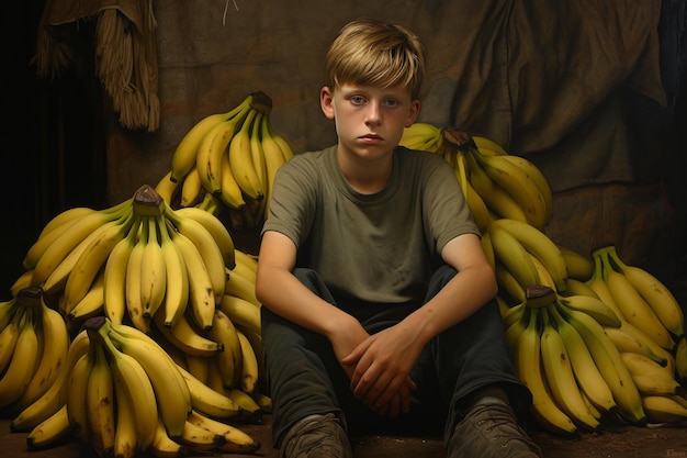 Beneath the Bananatopia A Young Boy Engrossed in Fruitful Fascination