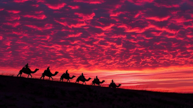 Beneath the crimson hues of the evening sky camels and their cameleers navigate the desert a timeless tableau of endurance and perseverance