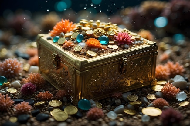 Photo beneath the ocean depths a treasure chest of precious stones gold and marine wonders