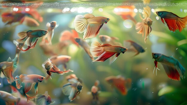 Photo beneath the pristine surface a cluster of colorful betta fish enlivens the aquarium