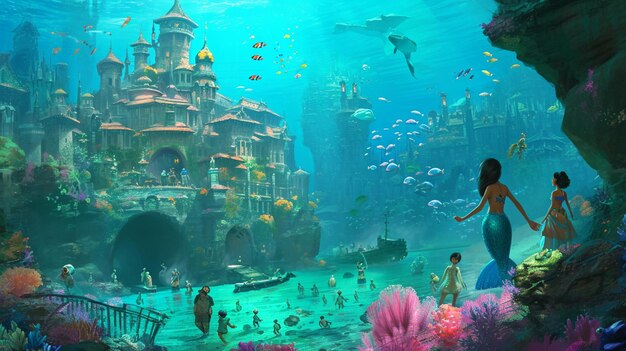Foto sotto un mare scintillante le sirene si riuniscono in una vibrante città di coralli piena di generative ai
