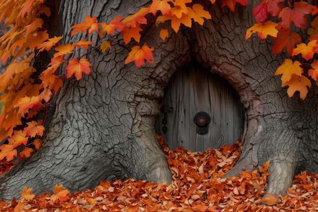Beneath a swirling vortex of autumn leaves a hidden door carved into a gnarled tree trunk beckons