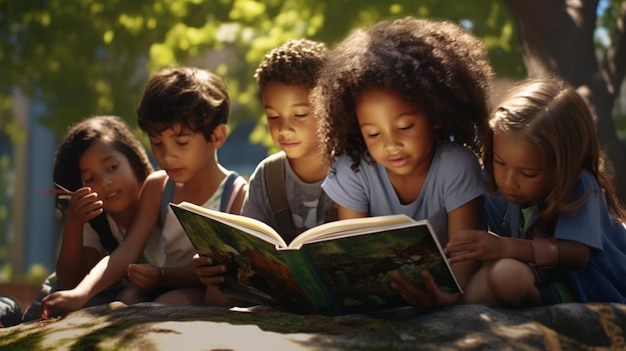 Photo beneath the trees shade kids engrossed in books natures whispers blend with tales