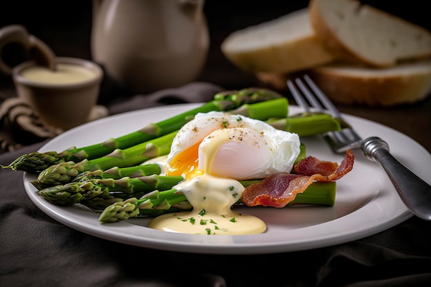 사진 아침 식사로 토스트에 바삭한 베이컨과 튀긴 아스파라거스를 곁들인 베네딕트 데친 오리 계란은 인공 지능을 생성합니다.