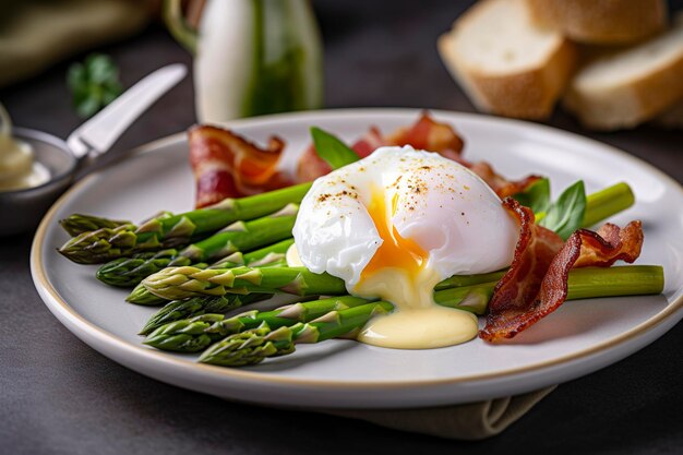 Benedictus gepocheerd eend ei met knapperige spek en gebakken asperges op toast voor het ontbijt genereren ai