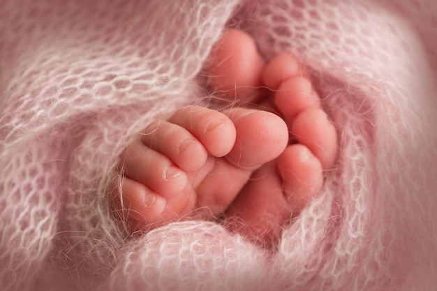 Benen en tenen van een newborn in een zacht roze dekentje