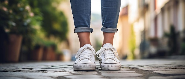 benen van een vrouw met sneakers