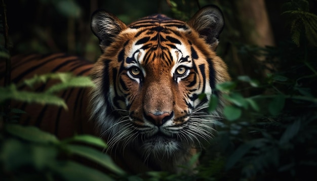 Bengaalse tijger die majestueuze schoonheid in de natuur staart, gegenereerd door AI