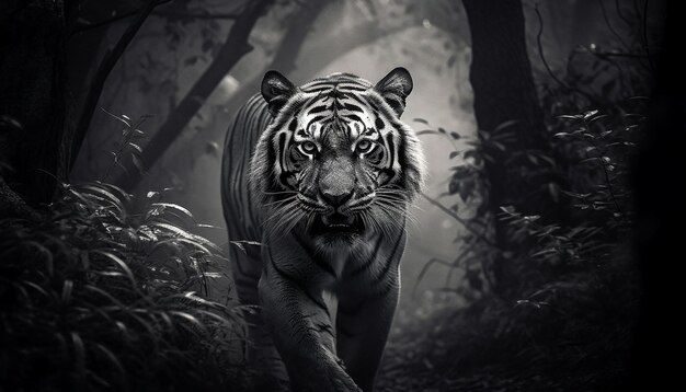 Bengaalse tijger loopt in het bos en staart met agressie gegenereerd door kunstmatige intelligentie