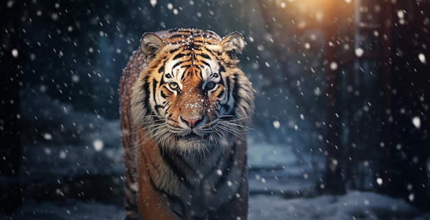 Bengaalse tijger loopt onder sneeuwval bij het nachtelijke close-up portret