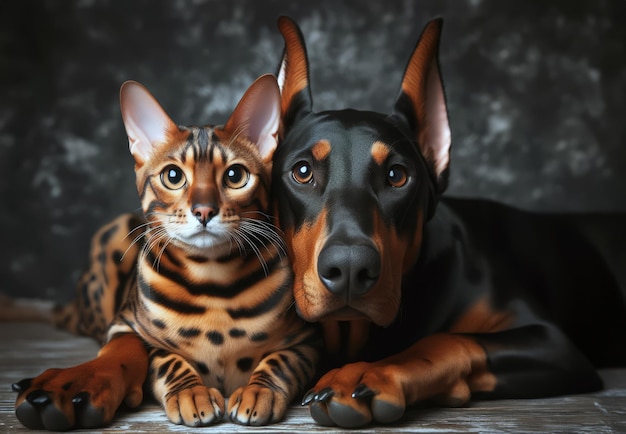 Bengal cat and Doberman dog are best friends