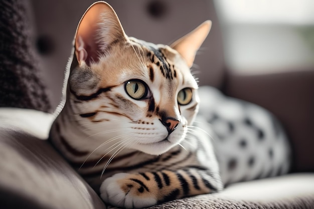 A bengal cat is lying on a couch