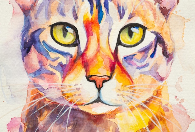 Bengal cat painted in watercolor on a white background in a realistic manner colorful rainbow ideal