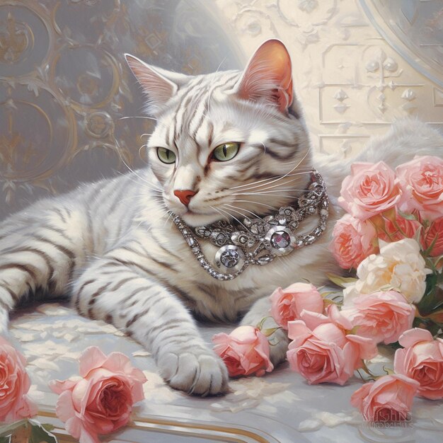 Bengal cat and pastel roses