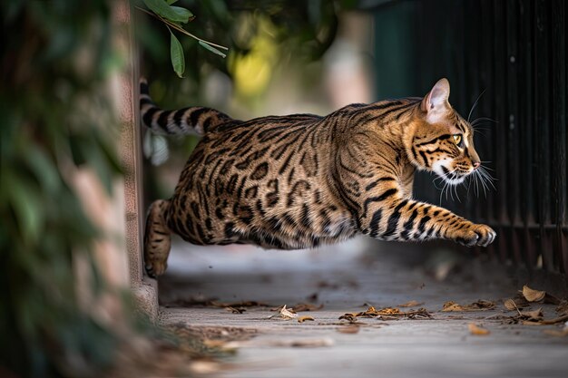 Photo a bengal cat running around a fence generative ai