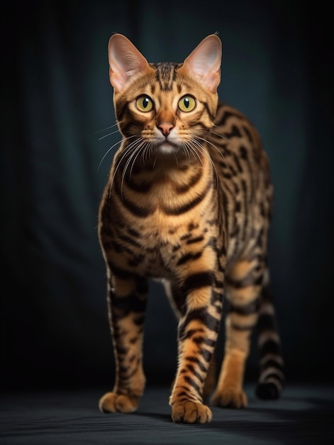 Bengal cat standing on dark background and looking at camera Studio photography