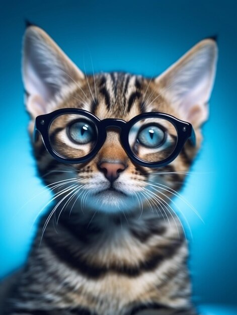 Bengal cat with glasses on blue background