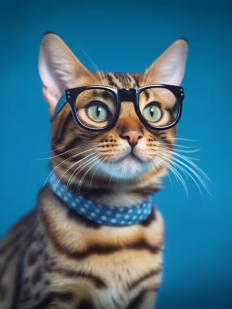 Bengal cat with glasses on blue background