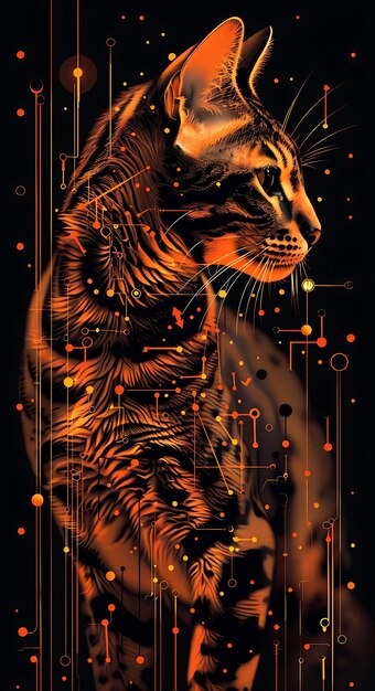 Foto gatto del bengala con una postura furtiva e indossando un'armatura cyberpunk creative animal background collage art