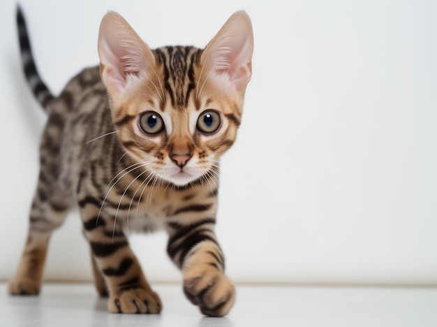 A bengal kitten is walking on a white surface.