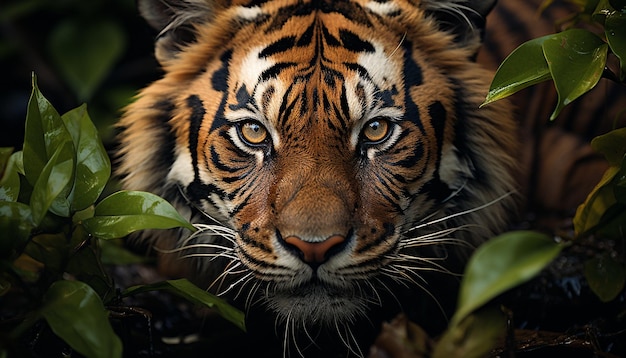 Bengal tiger fierce and majestic stares into the camera generated by artificial intelligence