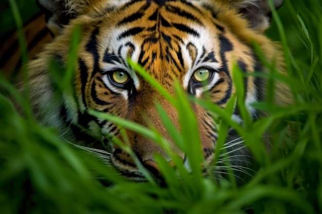 Bengal tiger in green grass Closeup