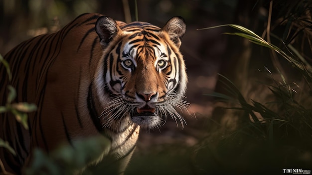 Бенгальский тигр с обострёнными глазами пристально осматривает окрестности в поисках скрытой опасности.