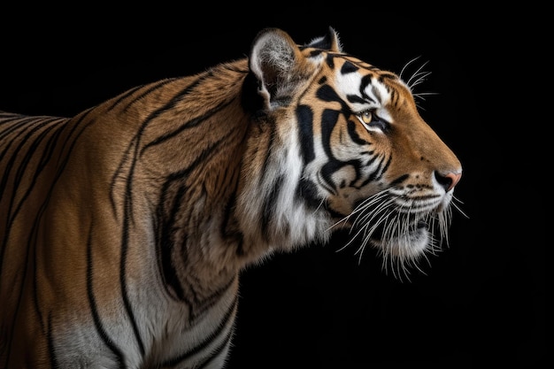 The Bengal tiger Panthera tigris tigris is seen in profile on a dark gray backdrop