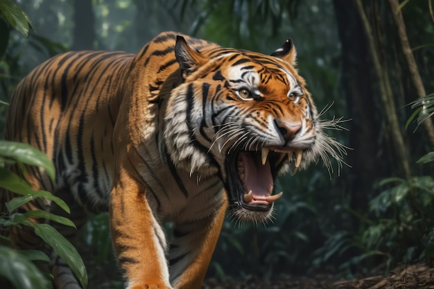 ジャングルの中で咆哮するベンガルトラ 森林攻撃ポーズの危険なベンガルトラ