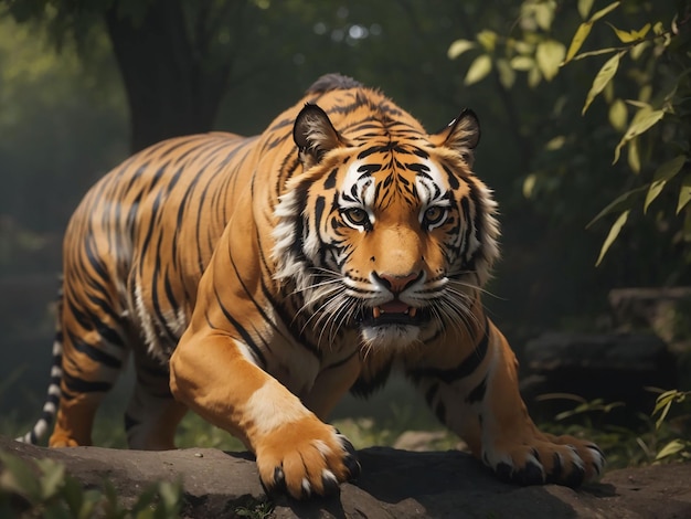 Бенгальский тигр смотрит агрессией в глаза величественной красоте природы