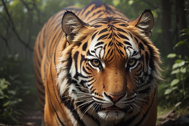 Бенгальский тигр смотрит агрессией в глаза величественной красоте природы