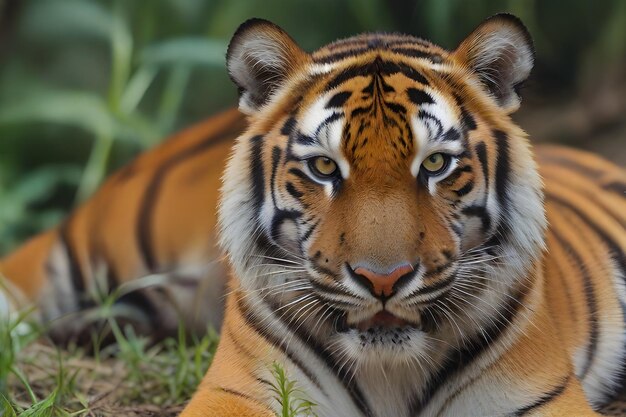 Bengal tiger with mustache lies in the jungle and looks at the camera