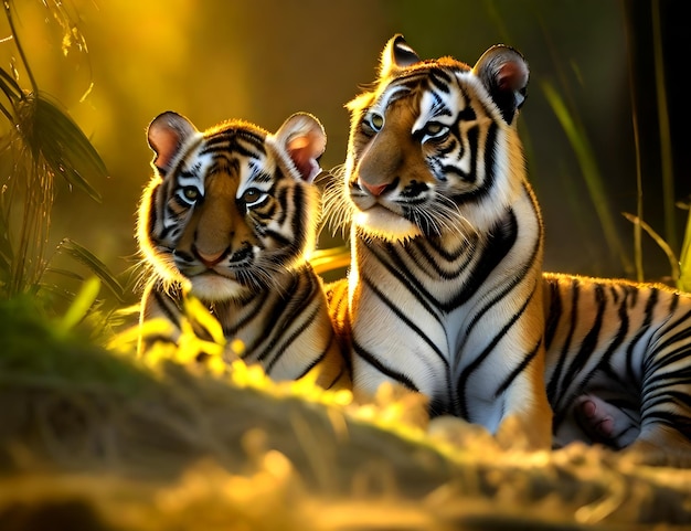 Bengal tijger met welpen achtergrond behang