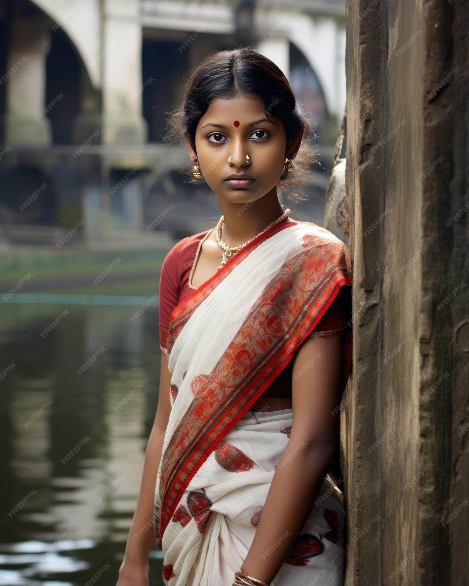 premium-photo-bengali-girl-in-white-saree-by-the-ganges-in-kolkata